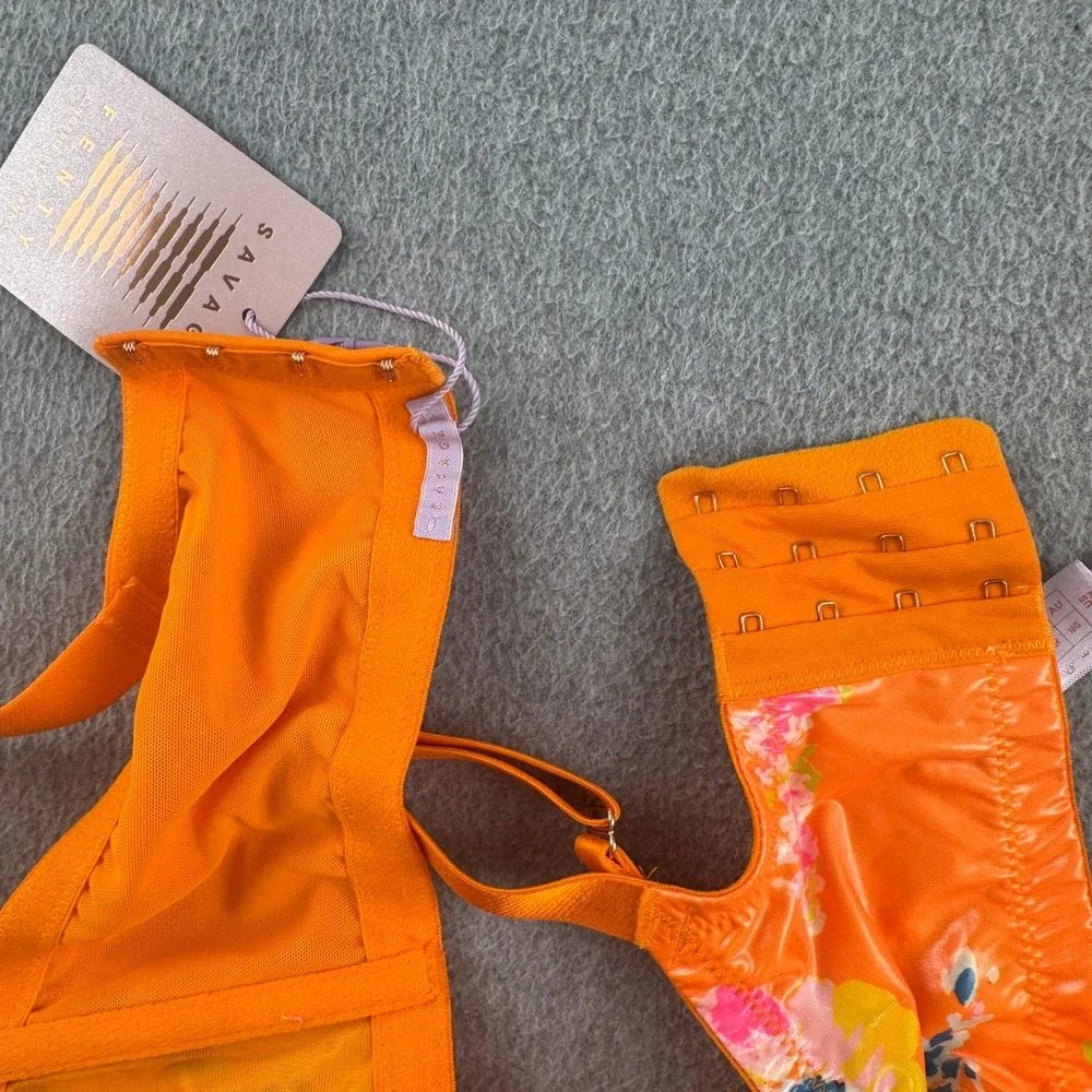 Savage X Fenty Bra Womens 38H Orange Floral Unlined Underwire Bows Lingerie